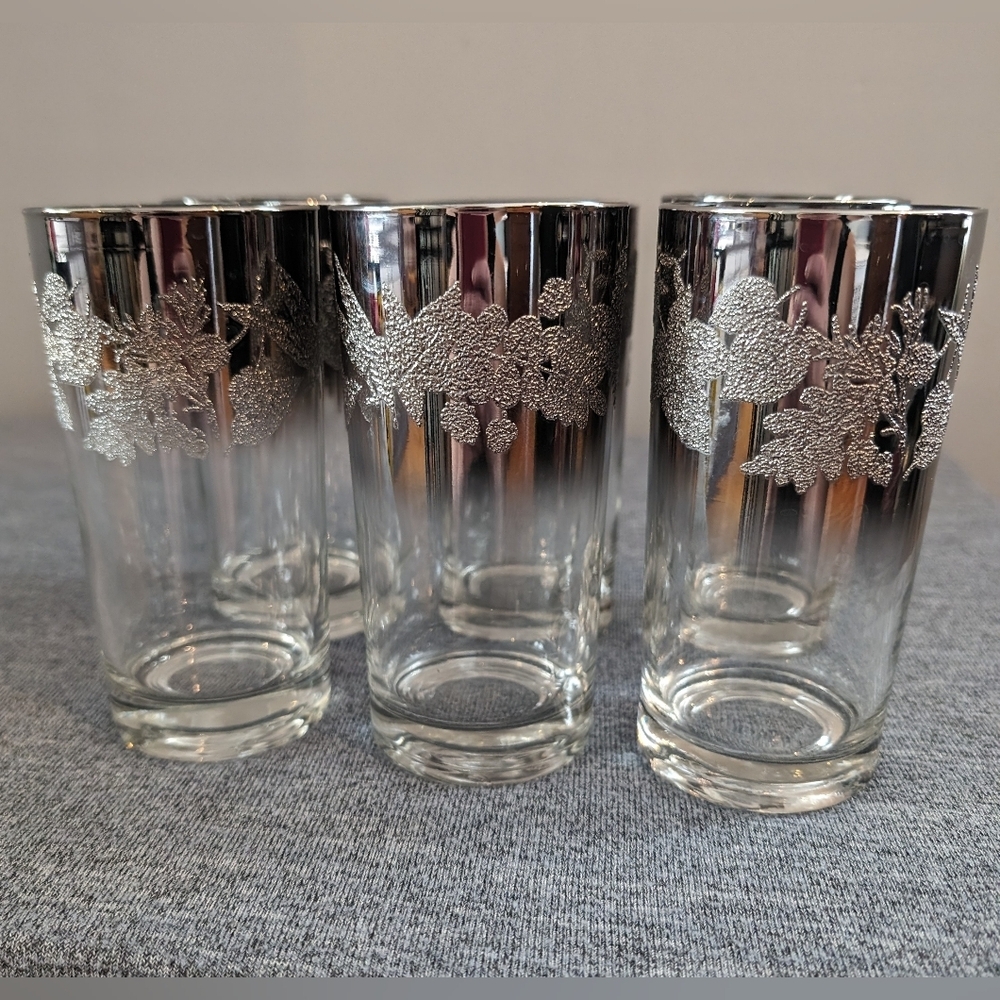 Vintage MCM Silver Fade Cocktail Glasses with Raised Leaf Pattern, Set of 6